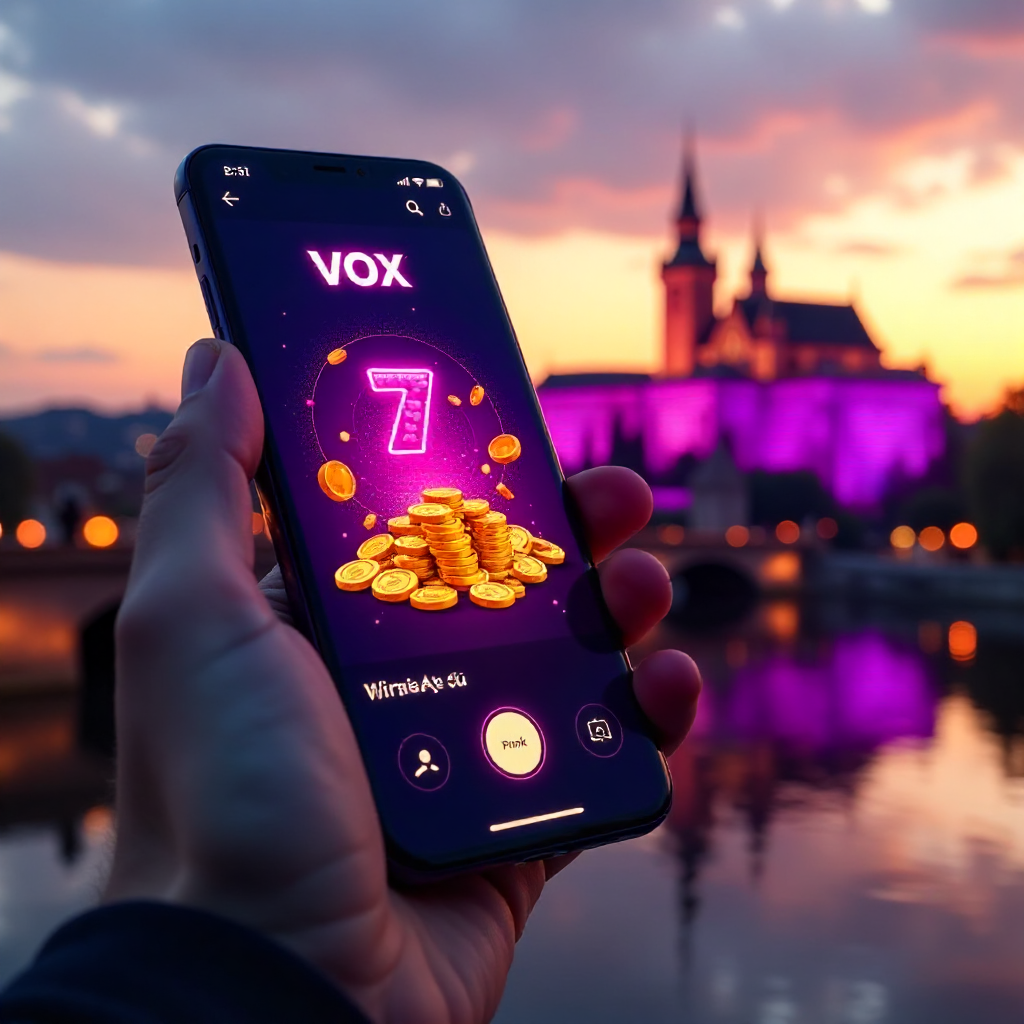 A hand holding a premium smartphone showing Vox Casino app, background featuring the Wawel Royal Castle in Krakow at golden hour, official brand neon purple and deep black colors, 3D golden coins and neon slot symbols flying out of the screen, hyper-reali
